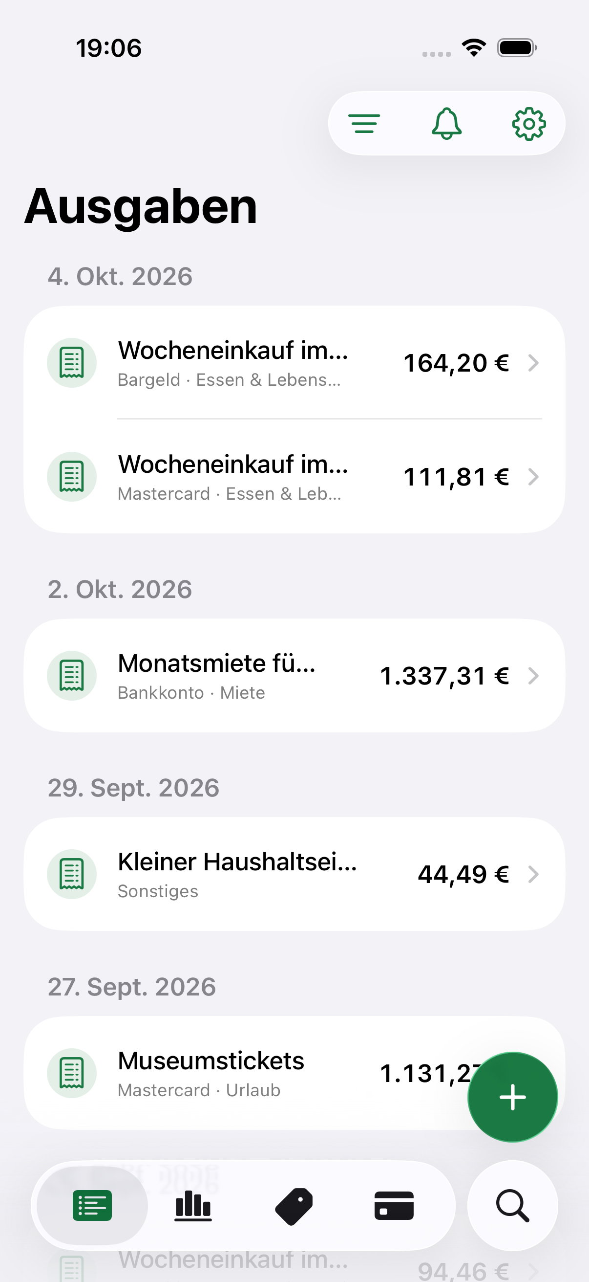 Costy expense tracking app screen