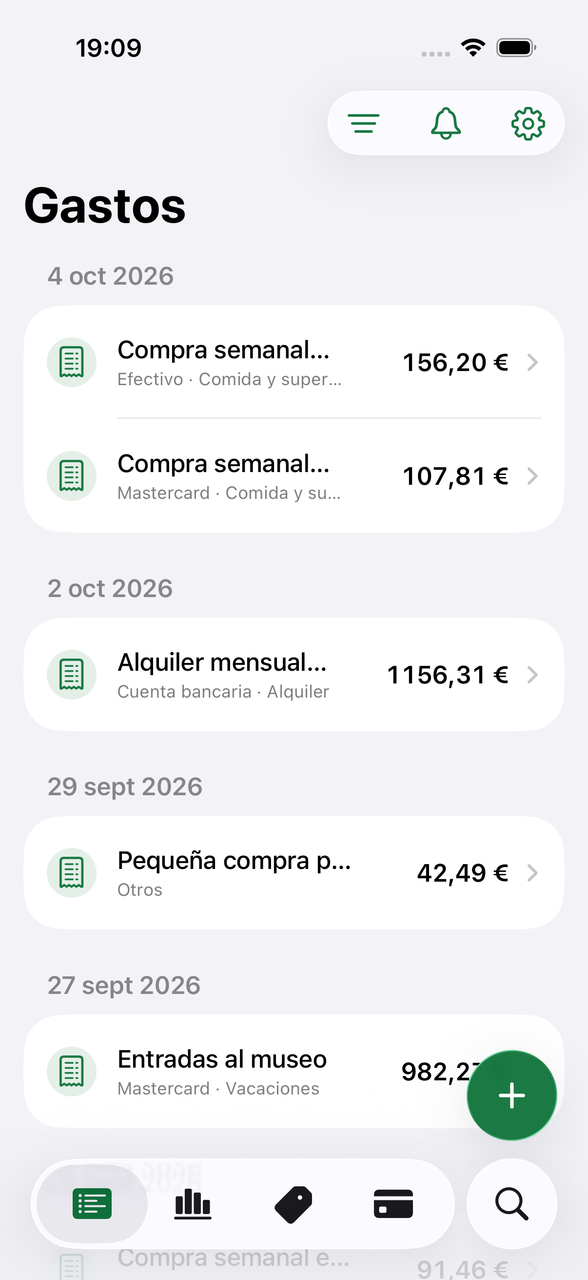 Costy expense tracking app screen