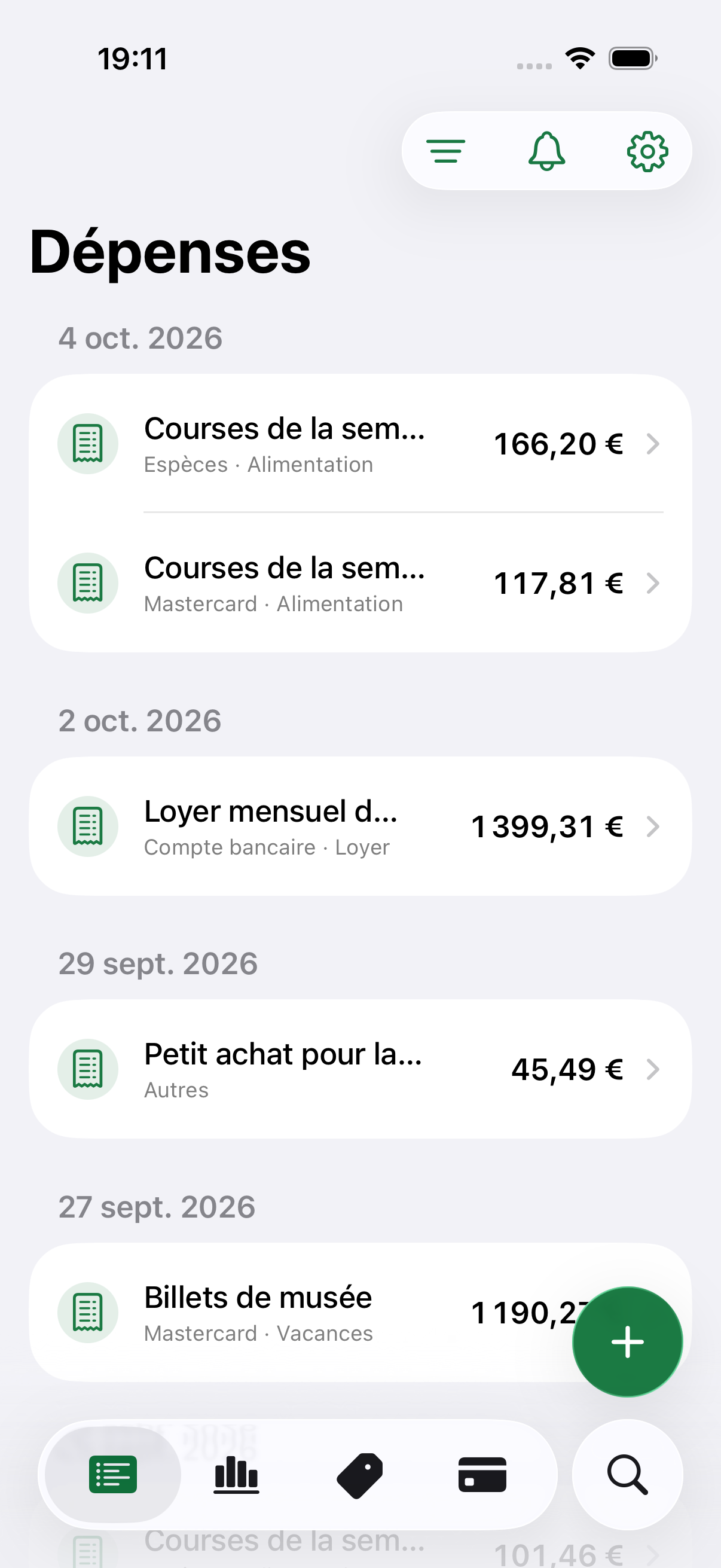 Costy expense tracking app screen