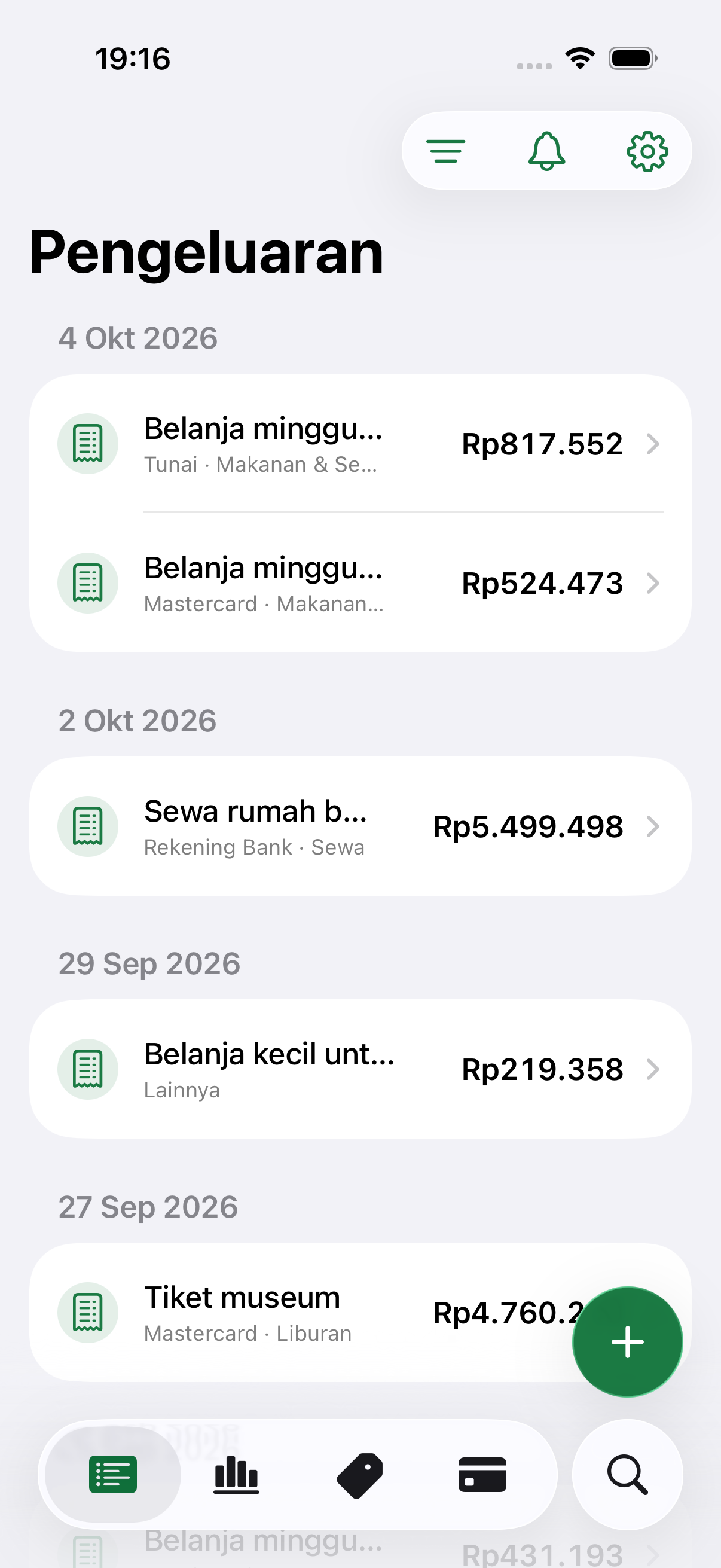 Costy expense tracking app screen