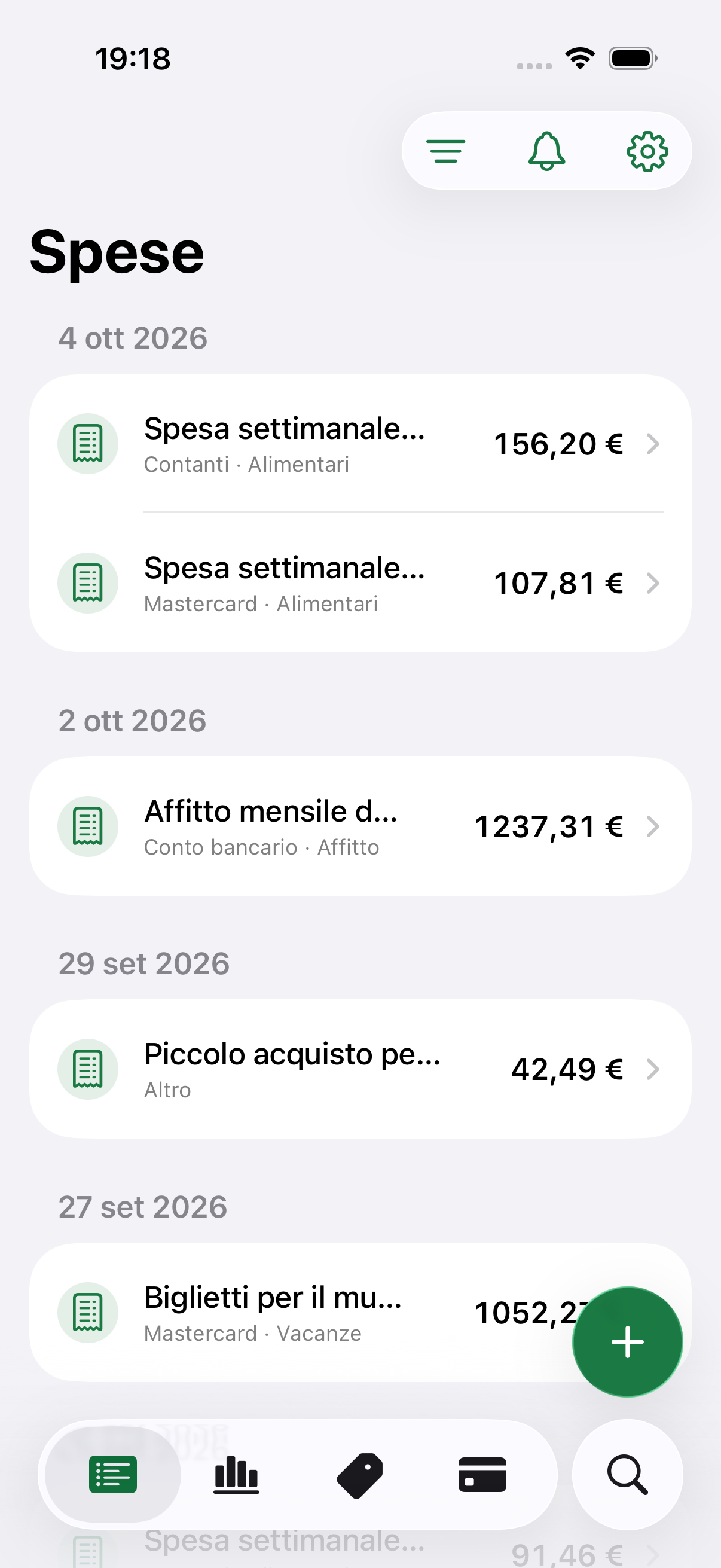 Costy expense tracking app screen