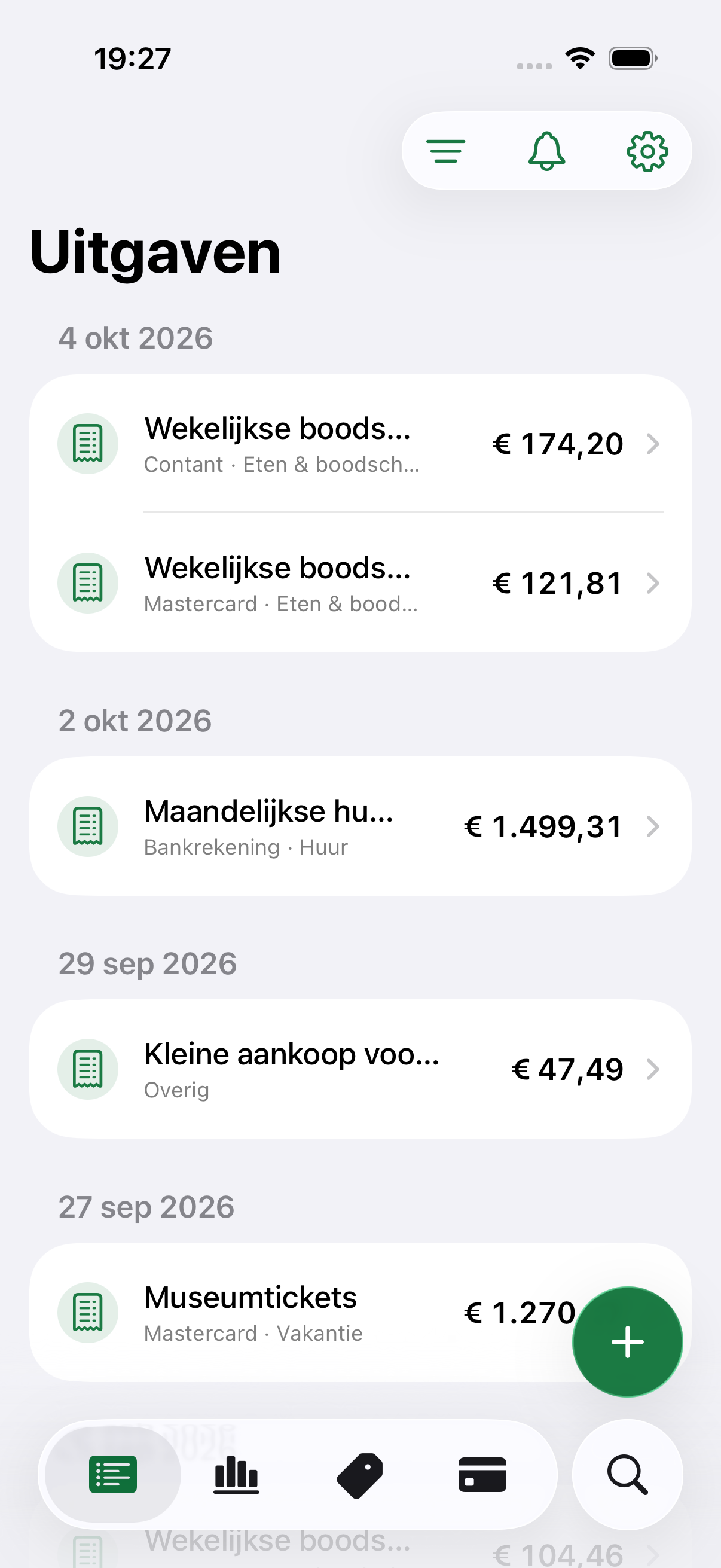 Costy expense tracking app screen