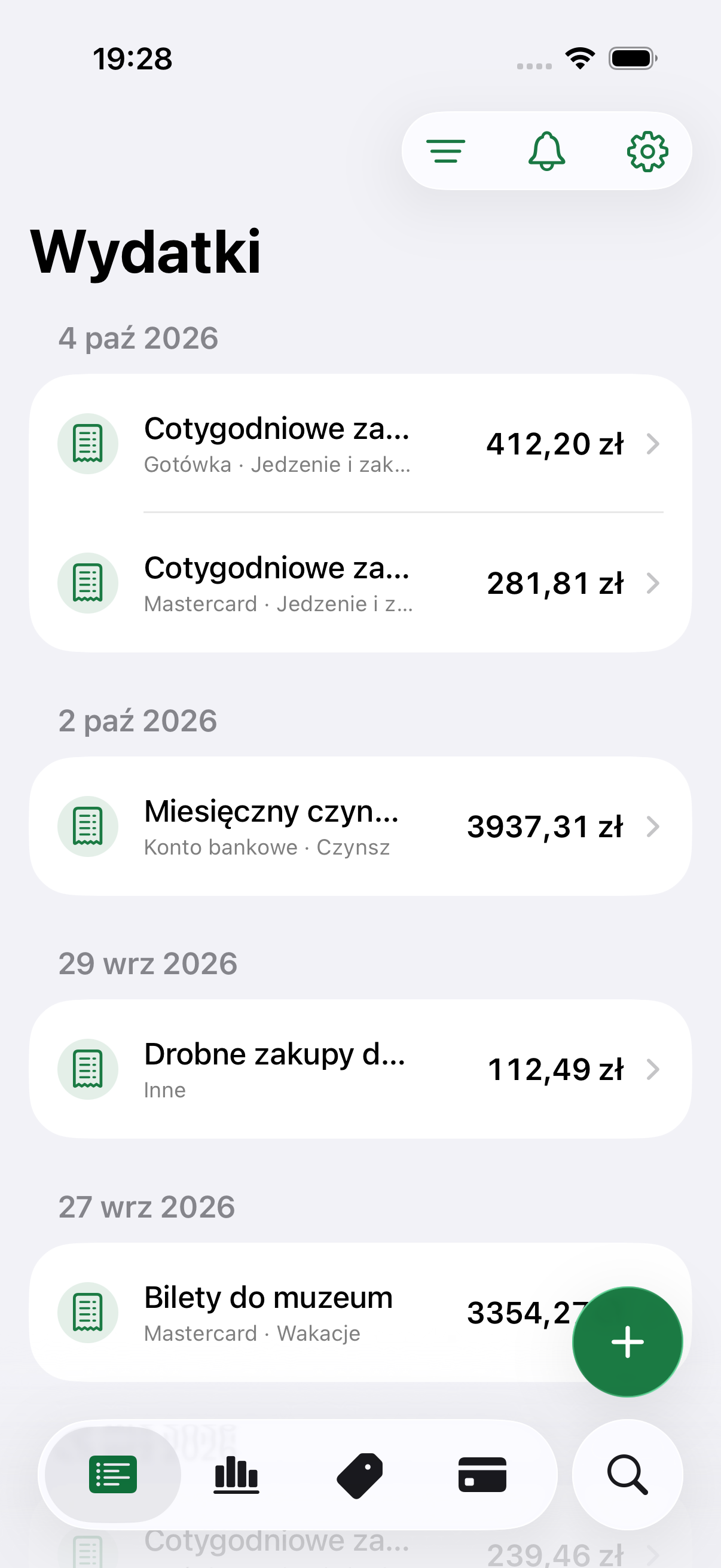 Costy expense tracking app screen