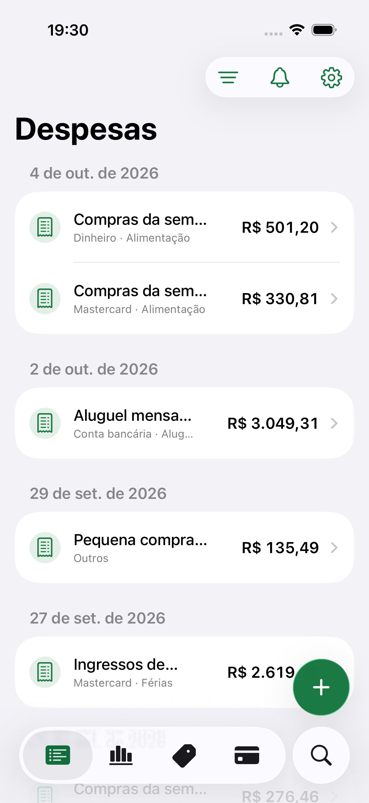 Costy expense tracking app screen
