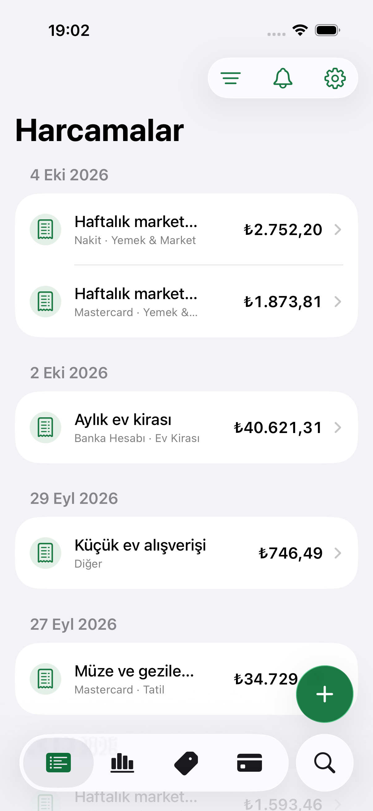Costy harcama takibi uygulama ekranı